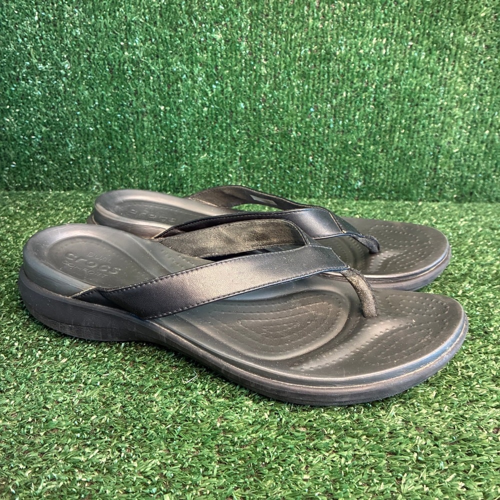 NEW Crocs Capri Wedge Dual Comfort Cushioned Strappy Flip Flops Black Womens 10